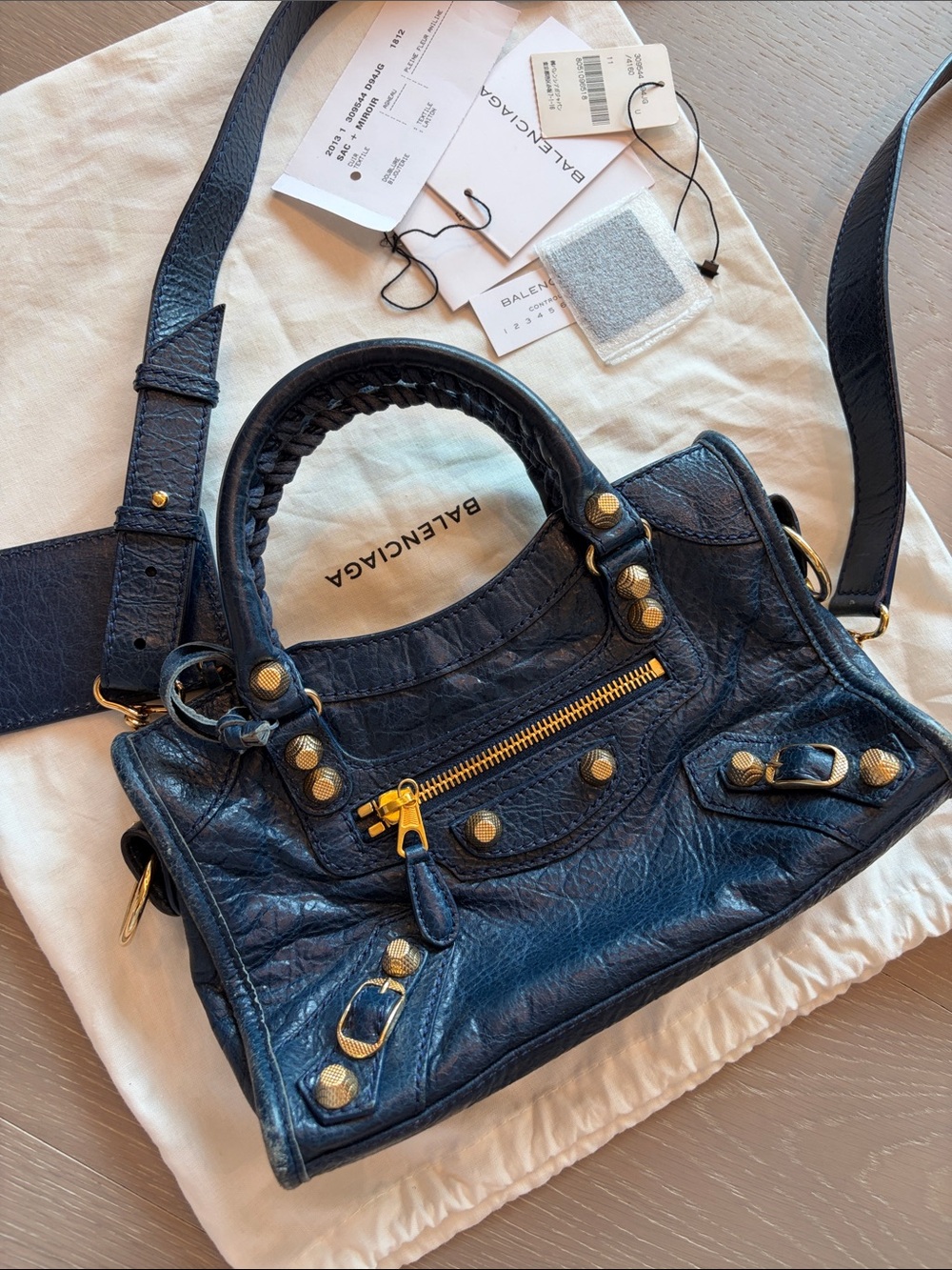 Balenciaga Navy Blue motorcross giant mini city bag with gold hardware